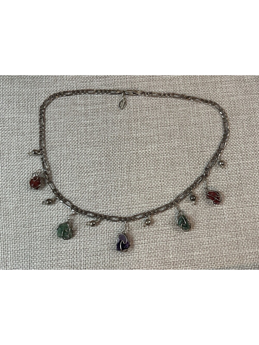 Sterling Silver 925 Chain Vintage Charm Necklace Multi Gemstones